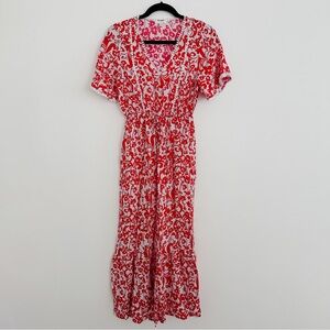 Red and White Floral Women's V Neck Maxi Dress Size Large